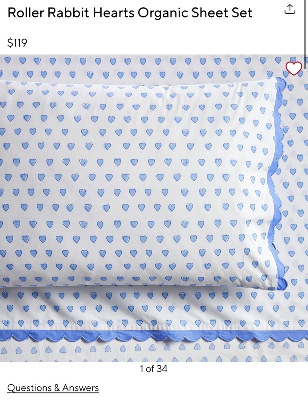 Roller Rabbit Blue Heart Print Organic Sheet Set